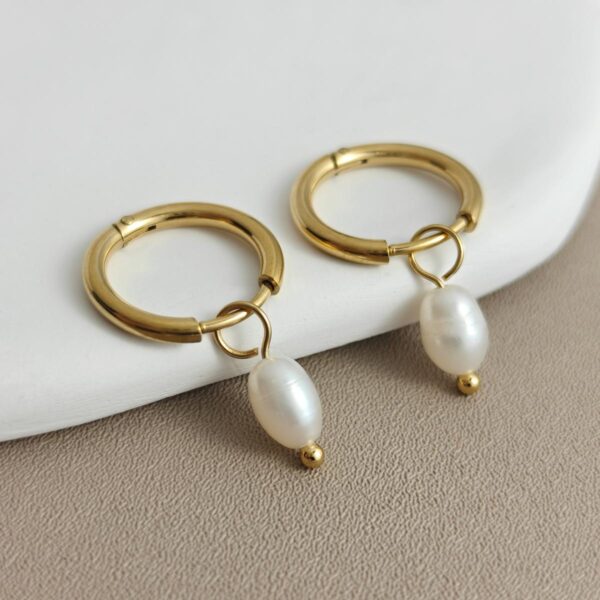 18K Gold-Plated Stainless Steel Pearl Drop Huggie Earrings (Water-Resistant)