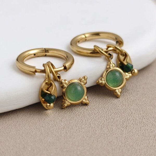 18K Gold-Plated Stainless Steel Green Stone Mixed Drop Huggie Earrings (Water-Resistant)